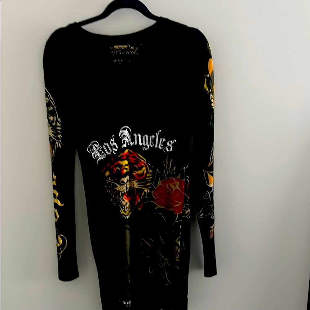 Ed Hardy Black Knit Graphic Long Sleeve Dress